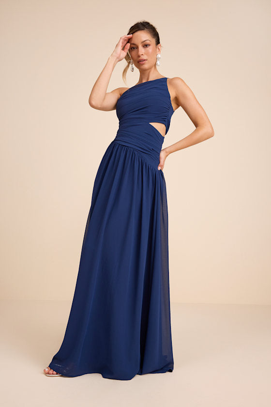 Marcela Navy Blue Ruched One-Shoulder Maxi Dress #Color_Navy Blue