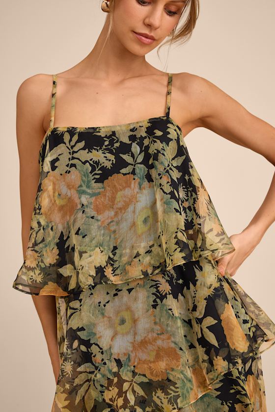 Malaia Black Multi Floral Tiered Maxi Dress #Color_Black Multi Floral