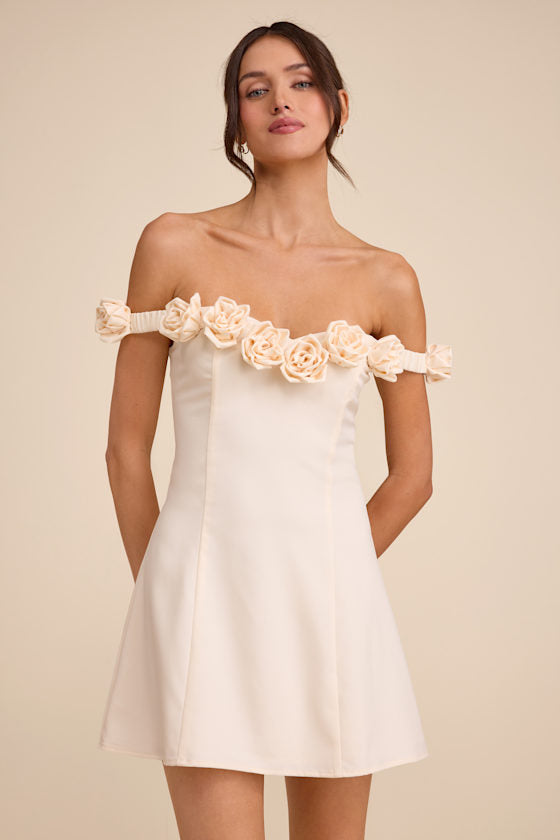 Gracen Ivory Rosette Off-the-Shoulder Skater Mini Dress #Color_Ivory