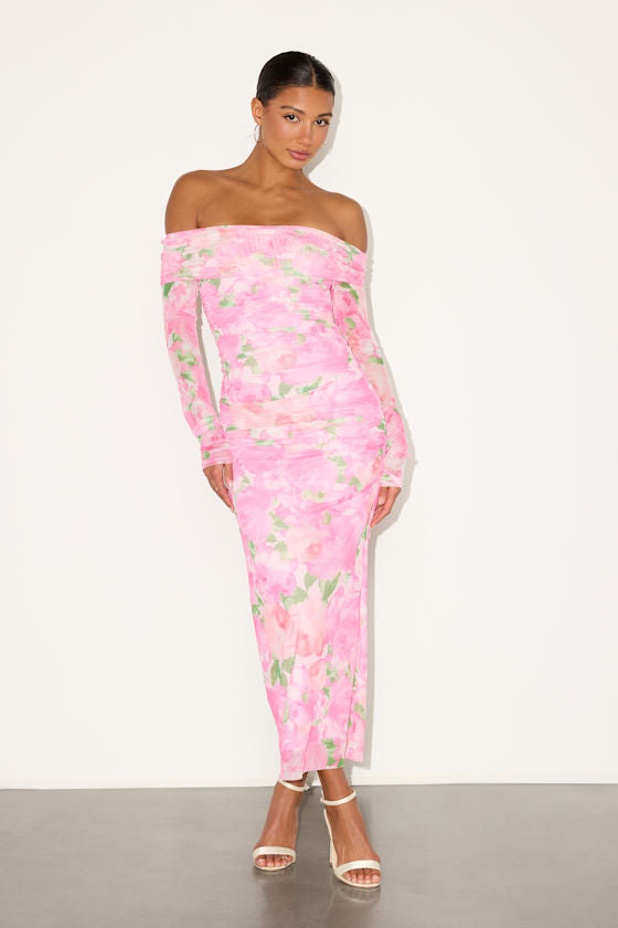 Amorette Pink Floral Mesh Off-the-Shoulder Maxi Dress #Color_Pink Floral
