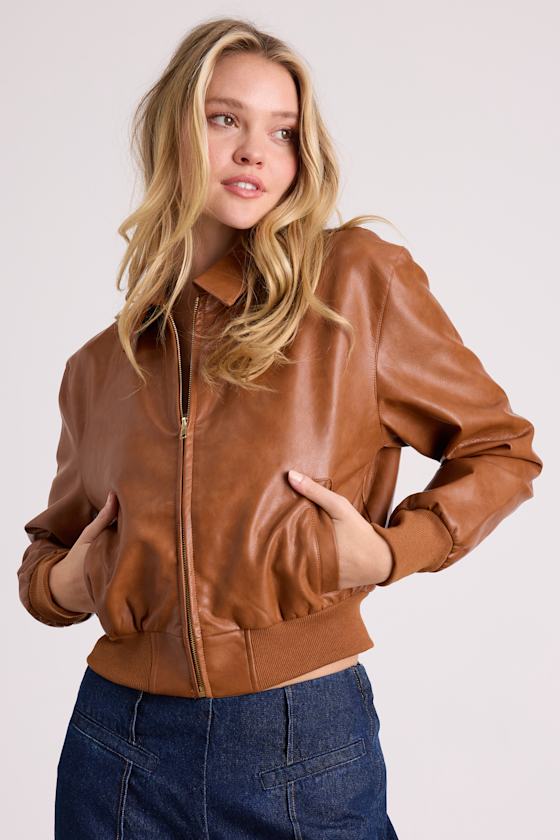Kamaria Brown Vegan Leather Cropped Bomber Jacket