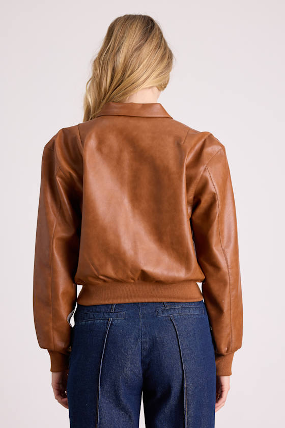 Kamaria Brown Vegan Leather Cropped Bomber Jacket