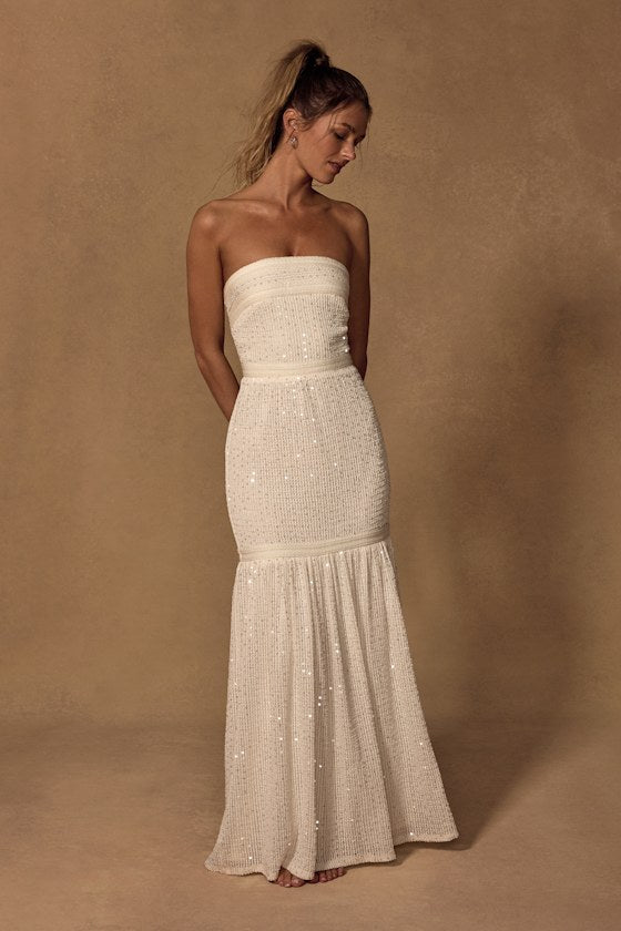 Sutri Cream Crochet Sequin Strapless Maxi Dress #Color_Cream