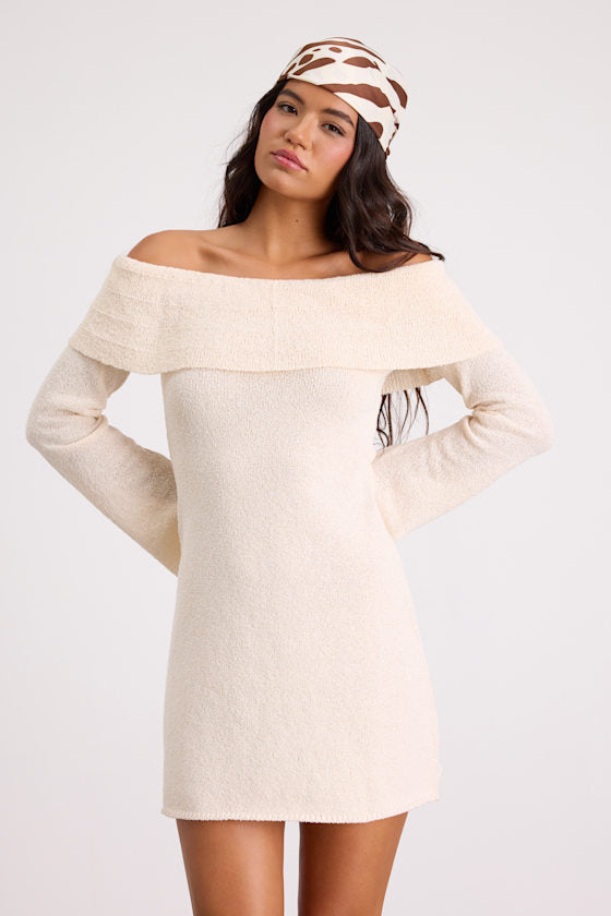 Pemryn Cream Off-the-Shoulder Mini Sweater Dress