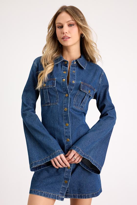 Amita Medium Wash Button-Front Bell Sleeve Mini Dress #Color_Medium Wash