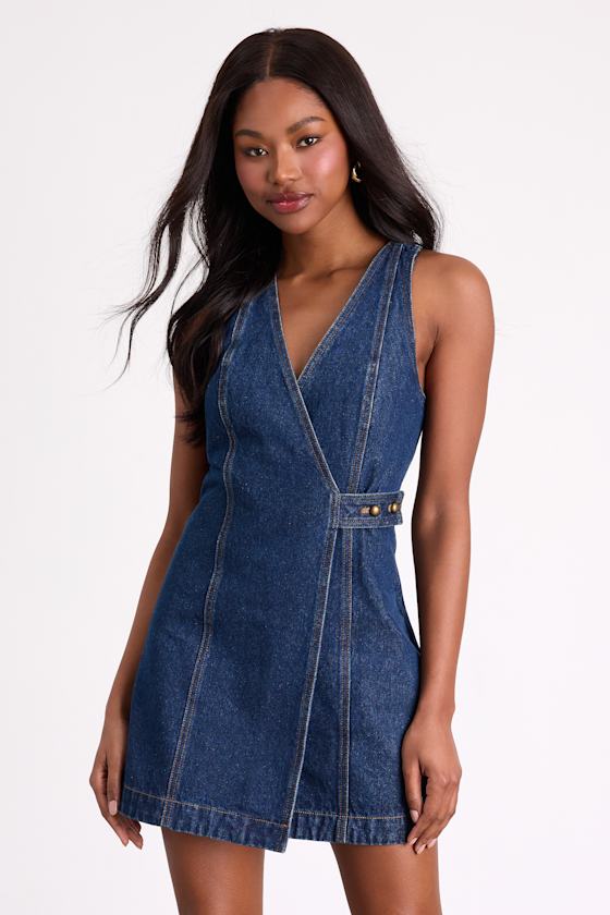 Didi Dark Wash Denim Wrap Mini Dress #Color_Dark Wash