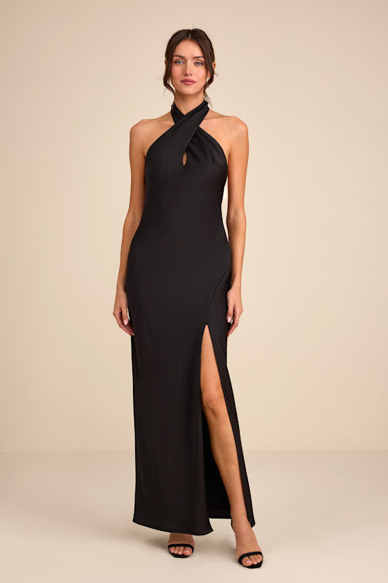 Daney Black Satin Cross-Front Halter Maxi Dress #Color_Black