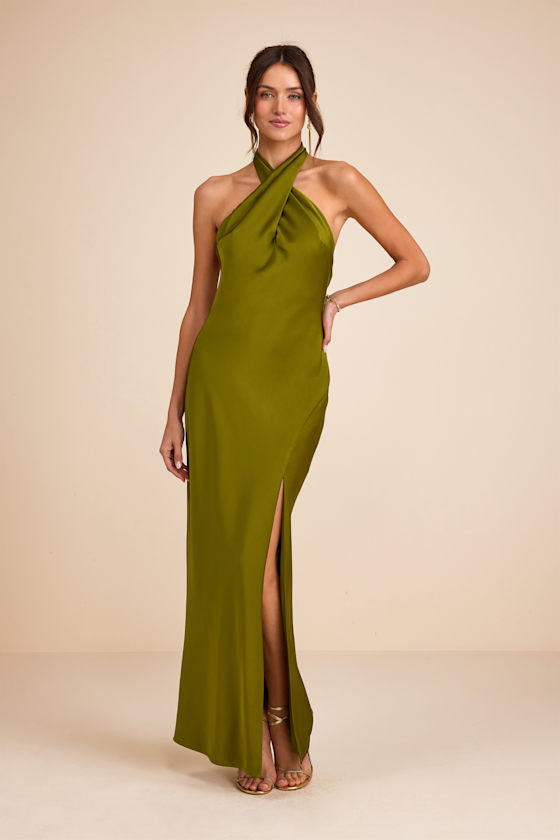 Daney Black Satin Cross-Front Halter Maxi Dress #Color_Olive Green