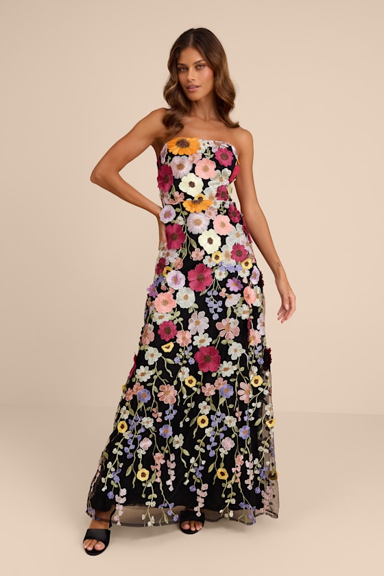 Rosario Black Multi 3D Floral Embroidered Maxi Dress #Color_Black