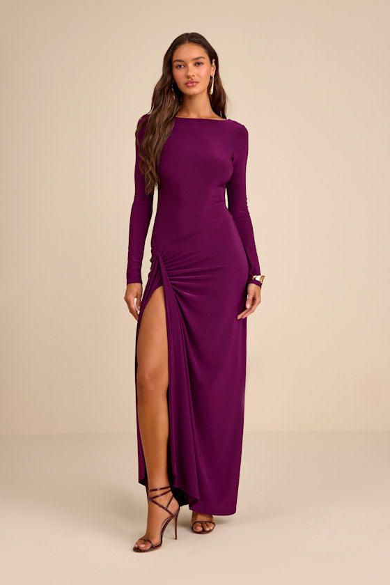Dion Plum Purple Jersey Knit Long Sleeve Maxi Dress #Color_Plum Purple