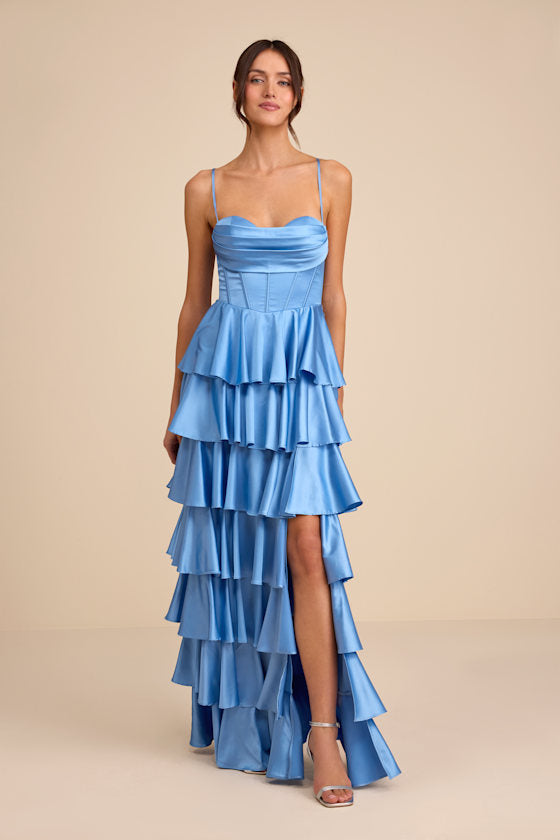 Arletta Light Blue Satin Bustier Tiered Maxi Dress #Color_Light Blue