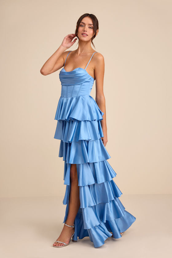 Arletta Light Blue Satin Bustier Tiered Maxi Dress #Color_Light Blue