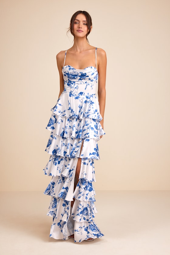 Arletta Light Blue Satin Bustier Tiered Maxi Dress #Color_White and Blue Floral