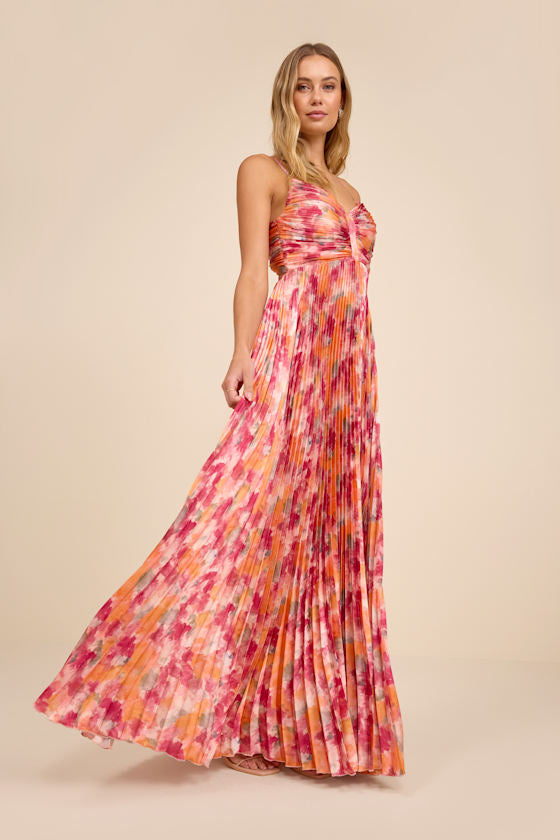 Dreaming in Color Coral V-Neck Pleated Satin Maxi Dress #Color_Pink Abstract