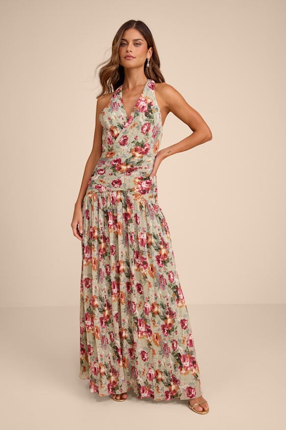 Sylvanna Sage Floral Halter Drop Waist Maxi Dress #Color_Sage Floral