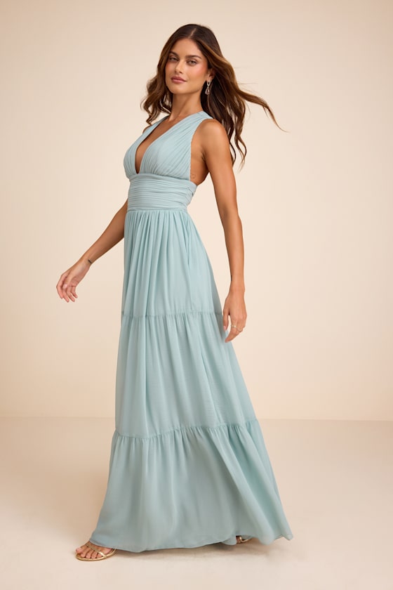 Leora Light Blue Pleated Tiered Maxi Dress #Color_Light Blue