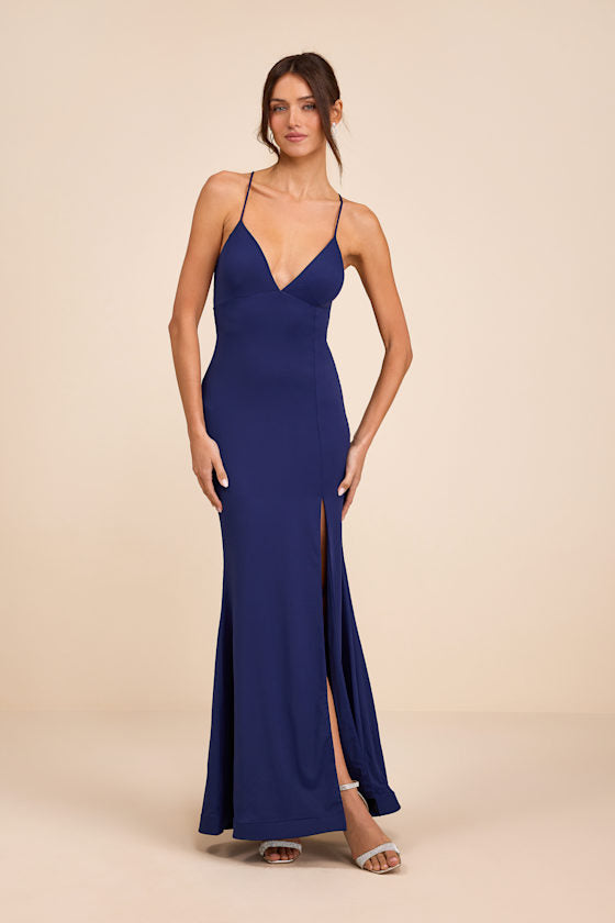 Ronelle Dark Blue Slinky Knit Lace-Up Maxi Dress #Color_Dark Blue