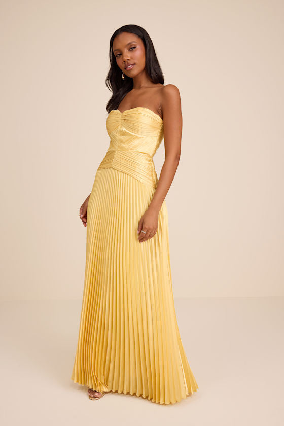 Elkay Yellow Pleated Satin Drop Waist Maxi Dress #Color_Yellow