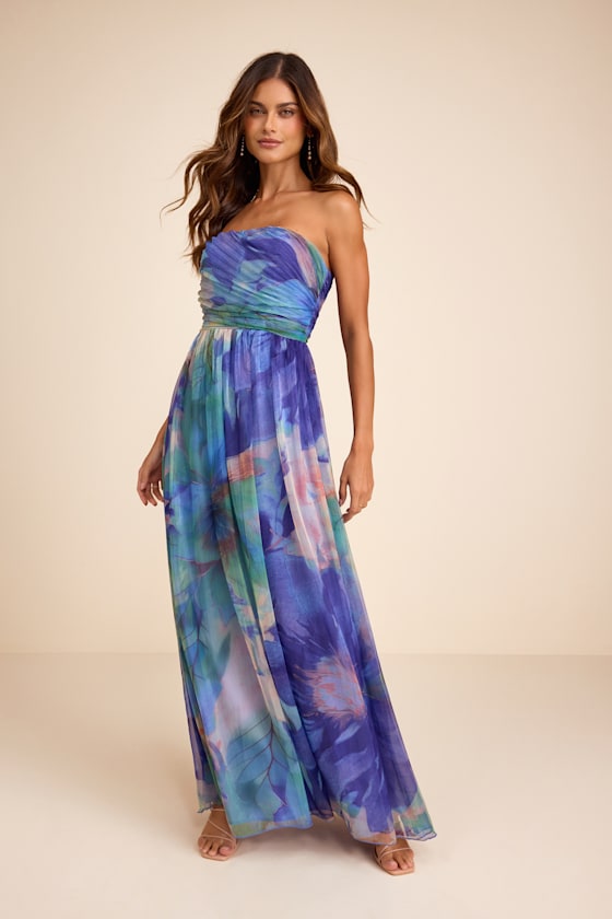 Galilea Blue Multi Floral Strapless Maxi Dress #Color_Blue Multi Floral