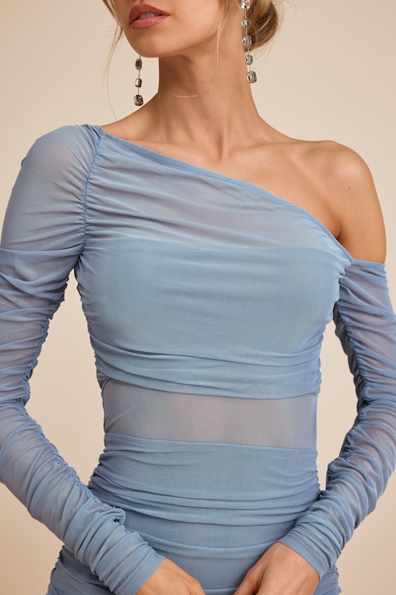 Lucena Slate Blue Mesh Asymmetrical Maxi Dress #Color_Slate Blue