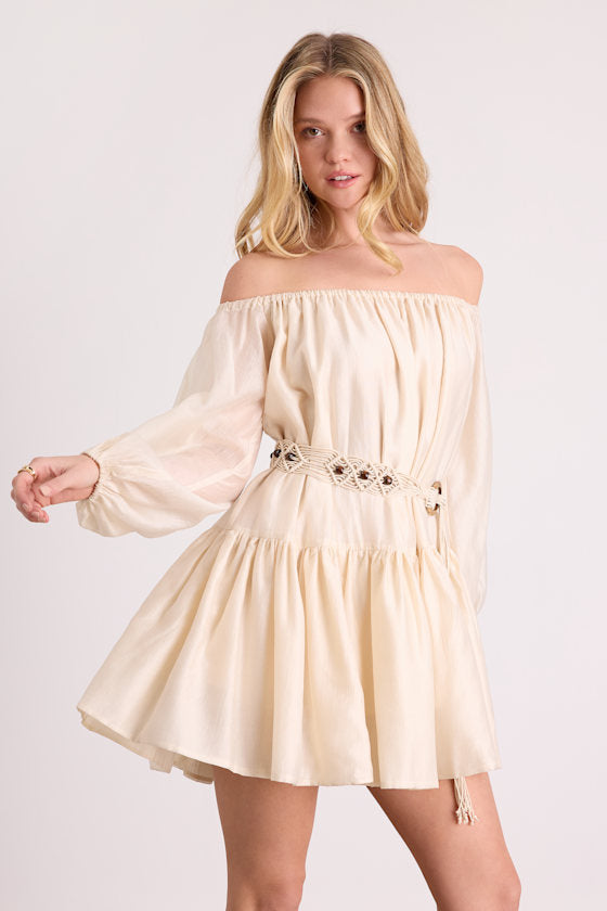 Ainsley Cream Off-the-Shoulder Belted Mini Dress