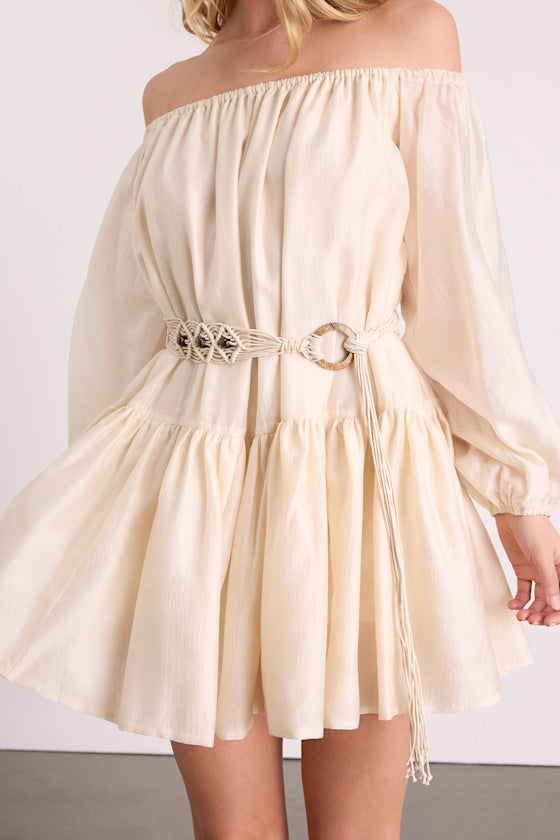 Ainsley Cream Off-the-Shoulder Belted Mini Dress