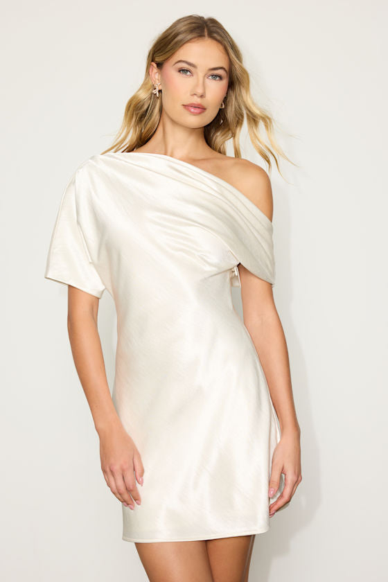 Maralina Ivory Satin Asymmetrical Mini Dress #Color_Ivory