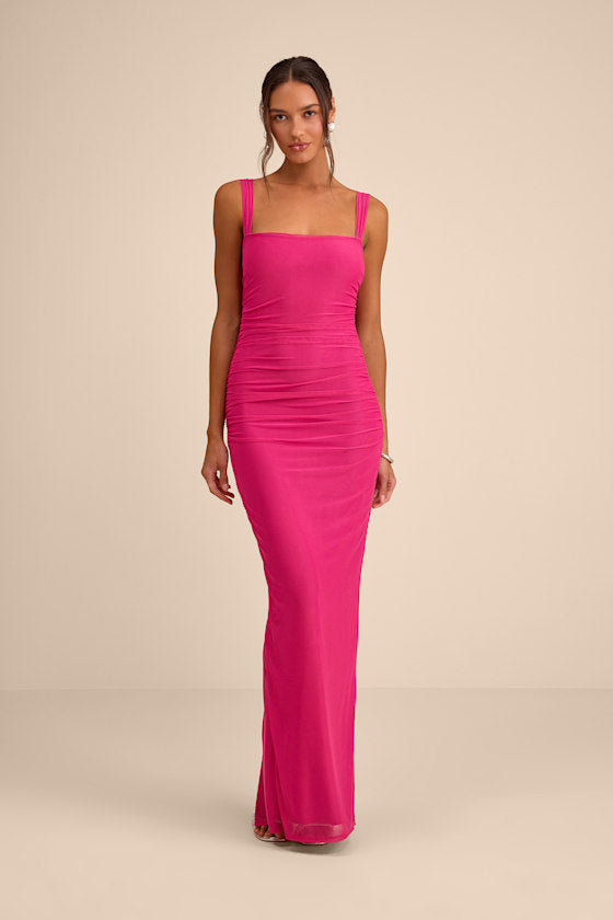 Amazing Presence Slate Blue Mesh Ruched Column Maxi Dress