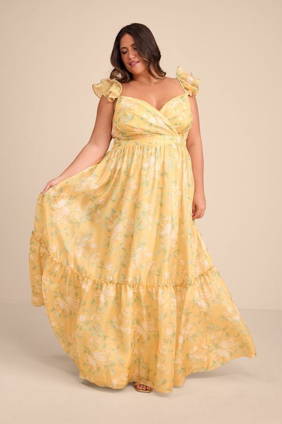 Soiree Perfection Yellow Floral Ruffled Tiered Maxi Dress #Color_Yellow Floral