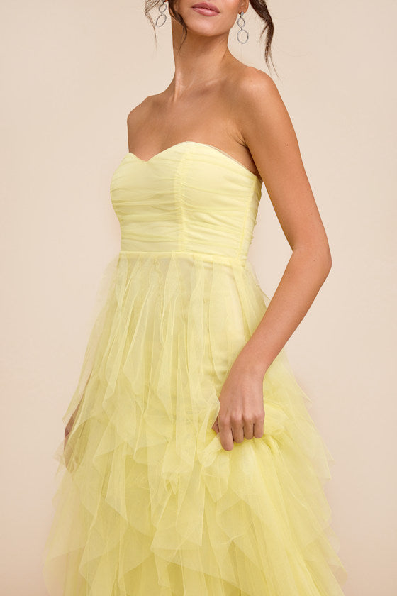 Delightful Beauty Pink Mesh Strapless Ruched Ruffled Maxi Dress