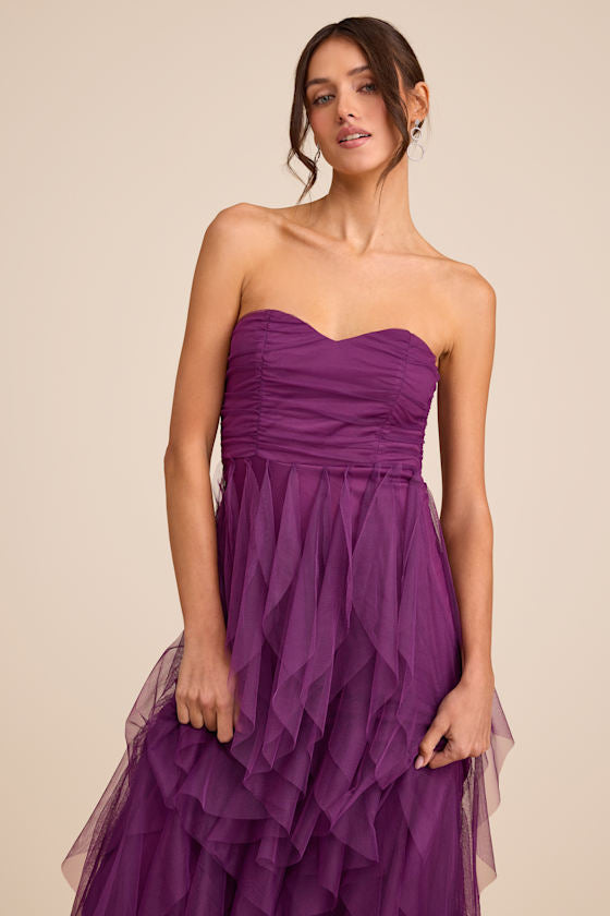 Delightful Beauty Pink Mesh Strapless Ruched Ruffled Maxi Dress #Color_Plum