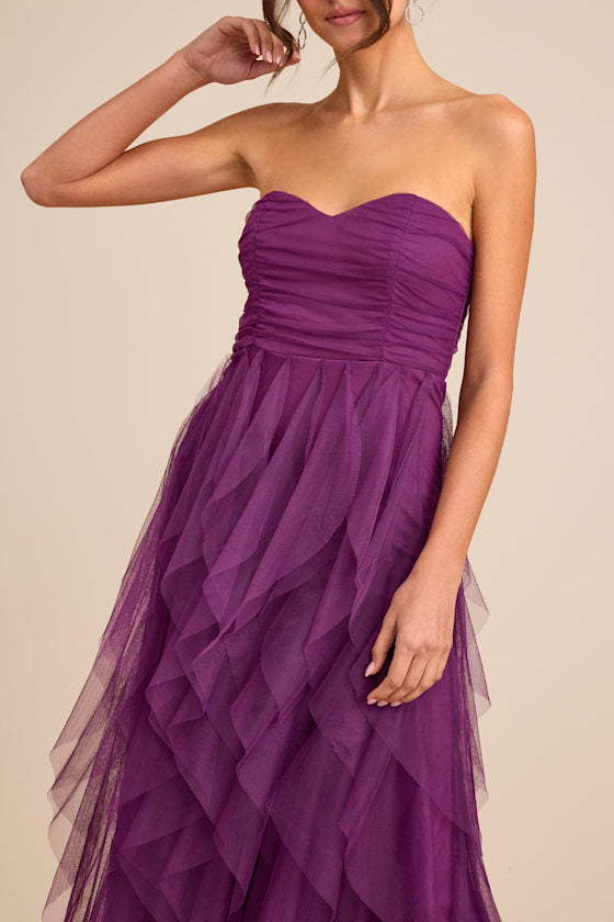 Delightful Beauty Pink Mesh Strapless Ruched Ruffled Maxi Dress