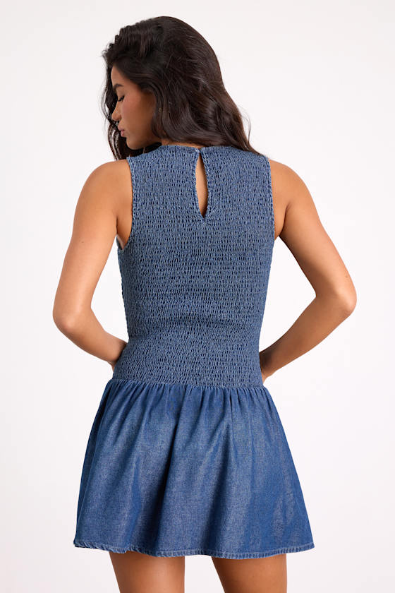 Aisha Medium Wash Denim Smocked Mini Dress