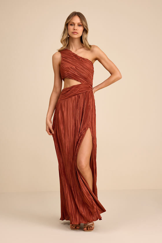 Rocca Rust Plisse Pleated Cutout One-Shoulder Maxi Dress
