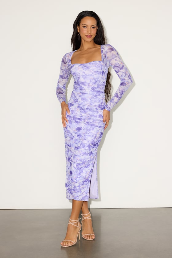 Janessa Light Purple Floral Mesh Bodycon Midi Dress #Color_Light Purple Floral