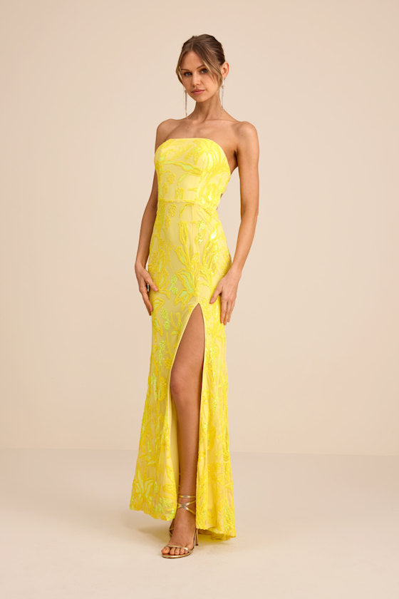 Shimmering Icon Lavender Sequin Lace-Up Strapless Maxi Dress #Color_Yellow