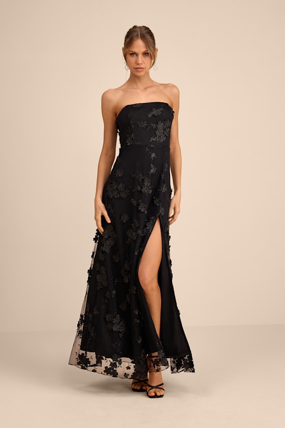 Rare Presence Powder Blue 3D Floral Embroidered Maxi Dress #Color_Black
