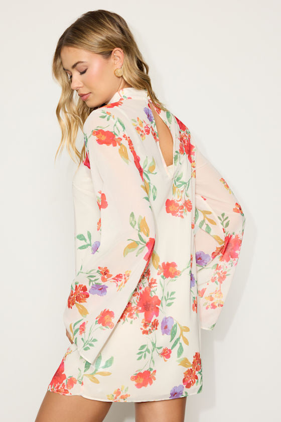 Perfected Charm Black Multi Floral Bell Sleeve Mini Shift Dress