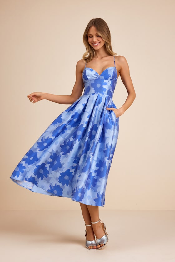Vivinna Blue Floral Jacquard Pleated Midi Dress #Color_Blue Floral