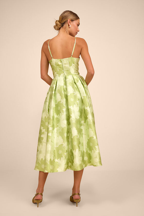 Vivinna Blue Floral Jacquard Pleated Midi Dress