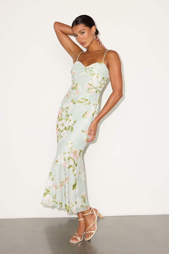 Giorgina Emerald Green Gathered Trumpet Midi Dress #Color_Sage Floral