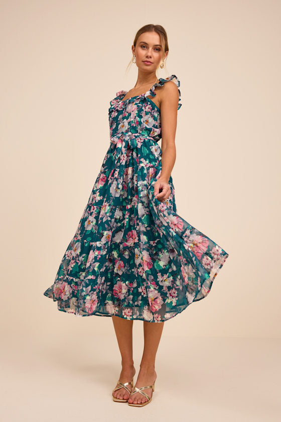 Shela Ivory Floral Jacquard Tiered Midi Dress