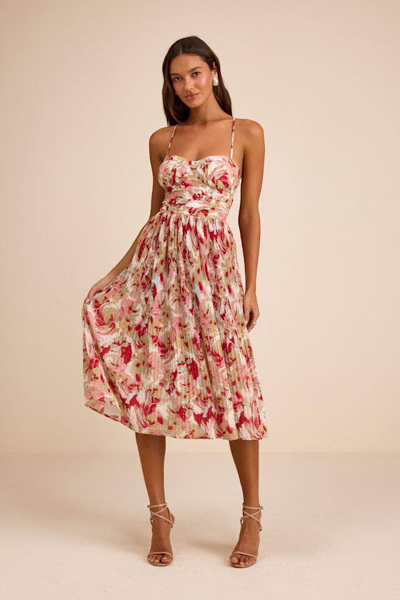 Aleyna Red Multi Abstract Pleated Lace-Up Bustier Midi Dress