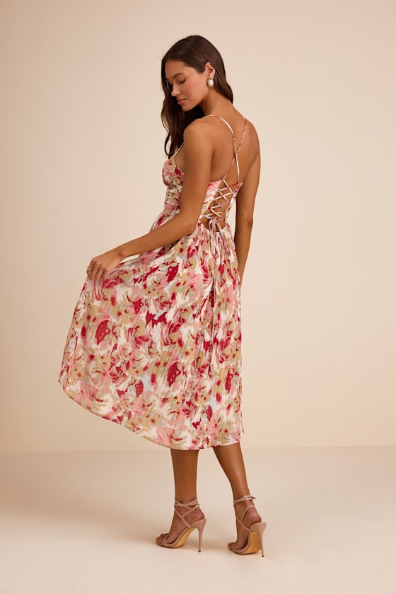 Aleyna Red Multi Abstract Pleated Lace-Up Bustier Midi Dress