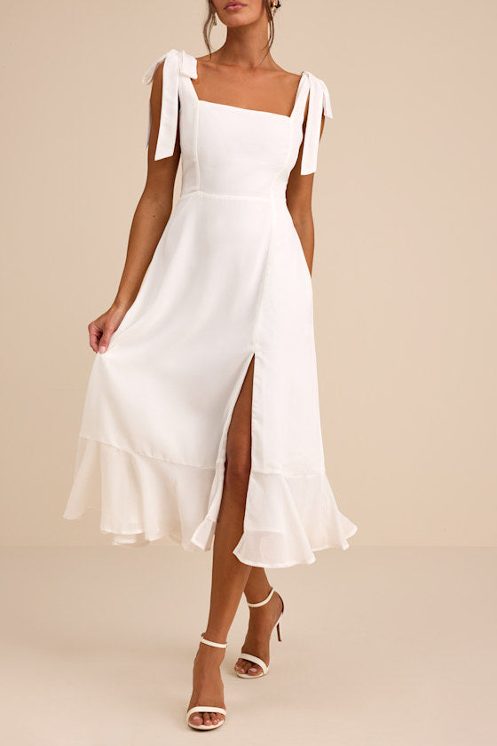 Summer Invite White and Pink Toile Tie-Strap Tiered Midi Dress