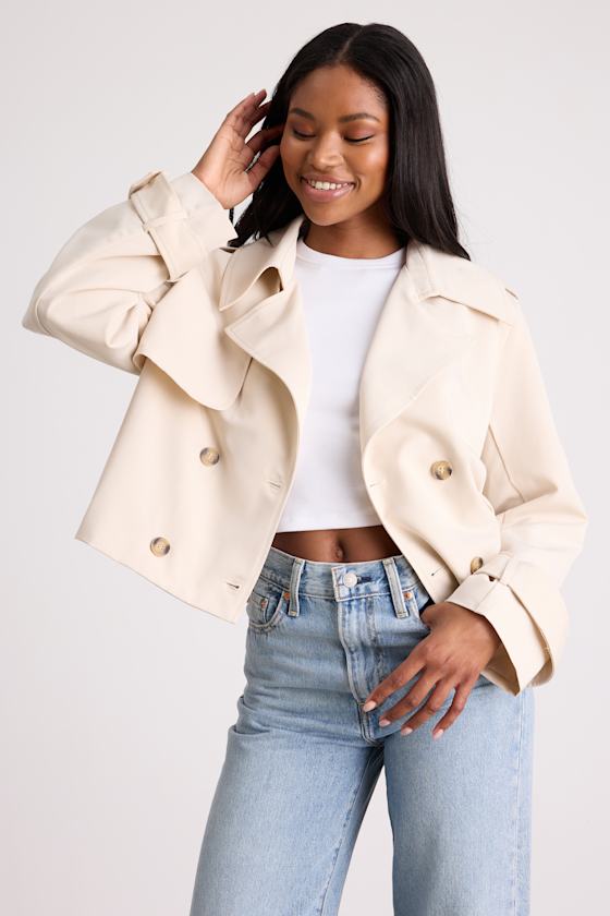 Donley Light Brown Double-Breasted Cropped Trench Coat