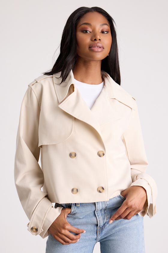 Donley Light Brown Double-Breasted Cropped Trench Coat