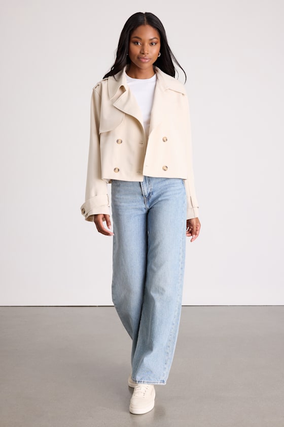 Donley Light Brown Double-Breasted Cropped Trench Coat
