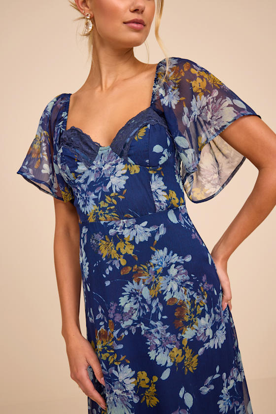 Valla Light Blue Floral Flutter Sleeve Midi Dress