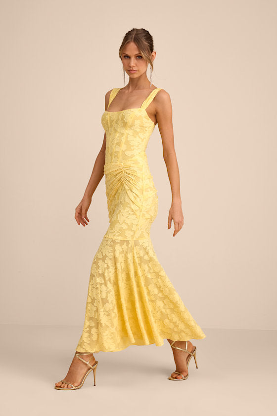 Celeste Yellow Floral Burnout Bustier Maxi Dress #Color_Yellow